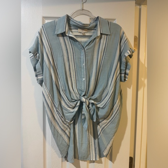 Loft blue and silver striped blouse with tie front - Picture 1 of 3
